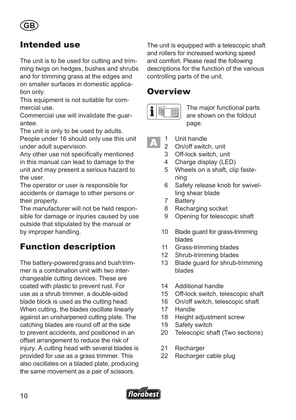 Intended use, Function description, Overview | Florabest FGS 10 A1 User Manual | Page 10 / 106