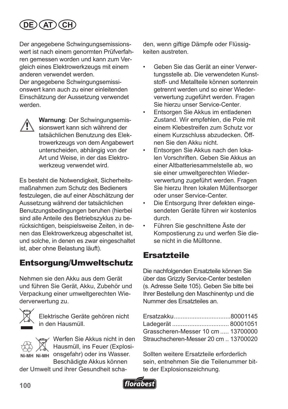 Entsorgung/umweltschutz, Ersatzteile, De at ch | Florabest FGS 10 A1 User Manual | Page 100 / 106