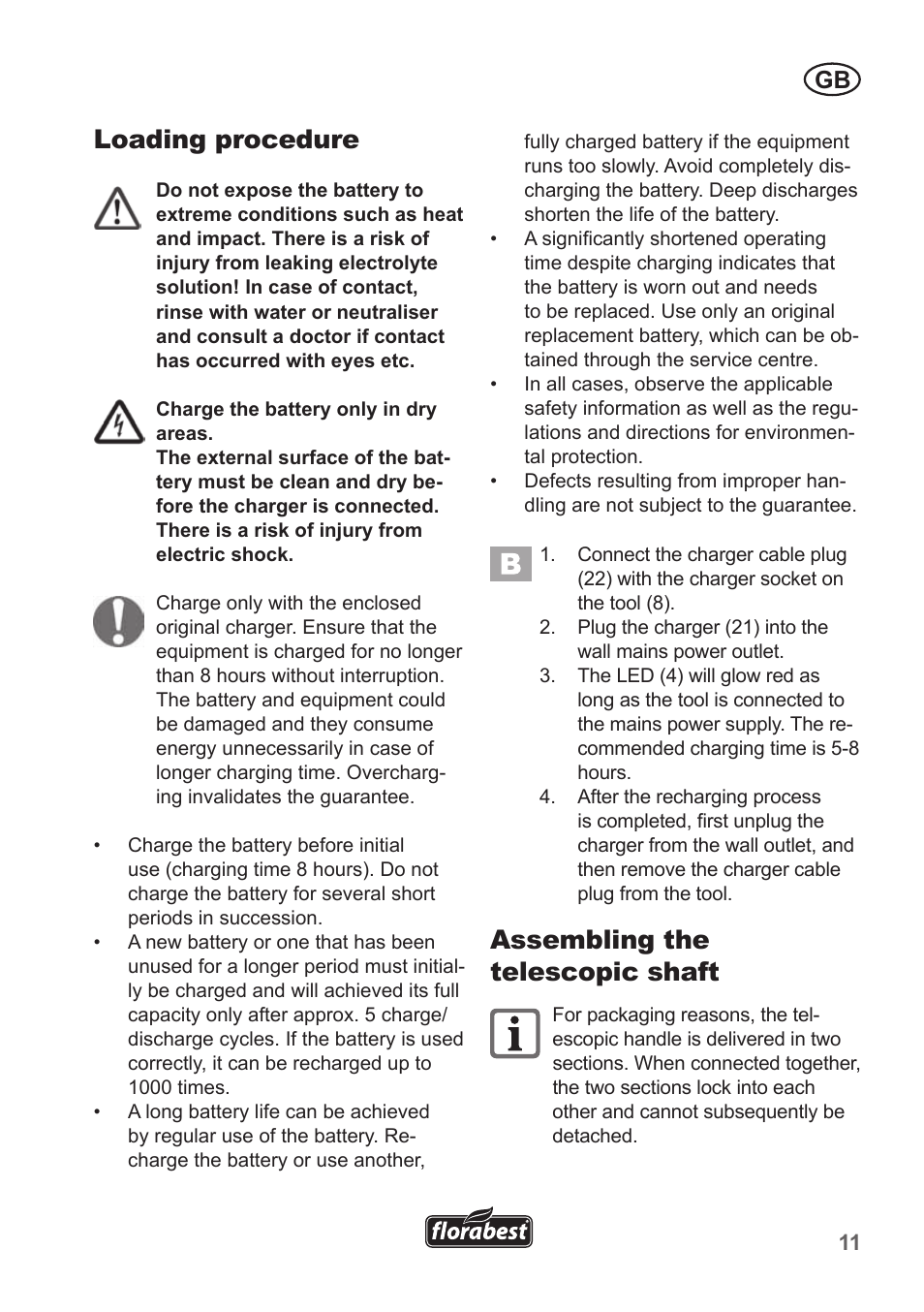 Loading procedure, Assembling the telescopic shaft | Florabest FGS 10 A1 User Manual | Page 11 / 106