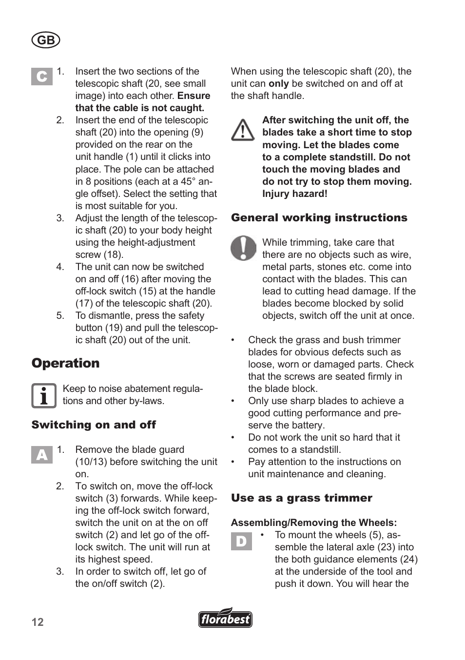 Operation | Florabest FGS 10 A1 User Manual | Page 12 / 106