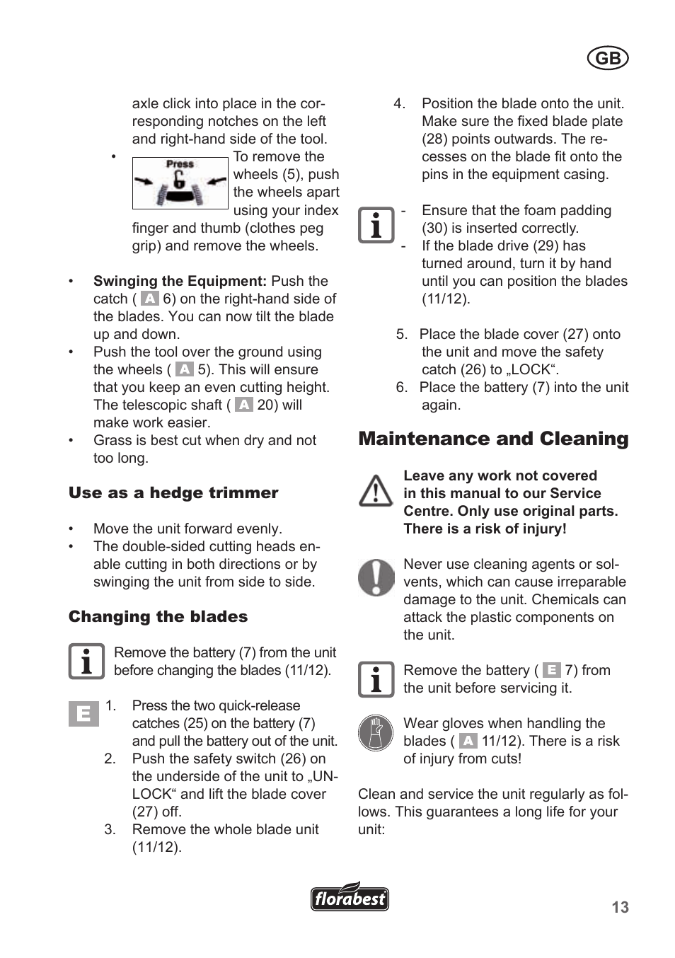 Maintenance and cleaning | Florabest FGS 10 A1 User Manual | Page 13 / 106