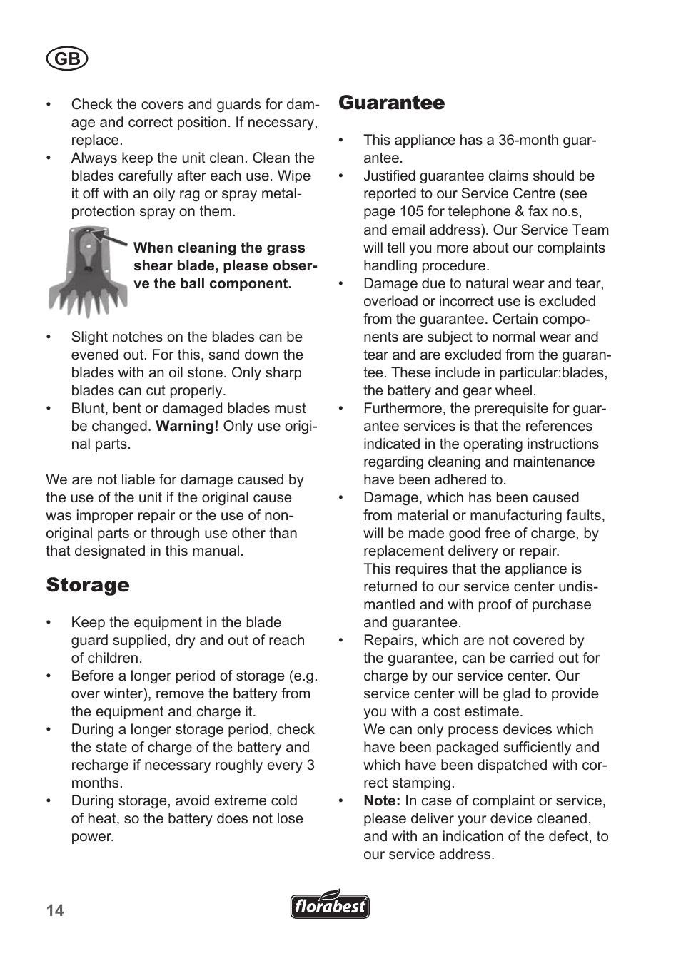 Storage, Guarantee | Florabest FGS 10 A1 User Manual | Page 14 / 106