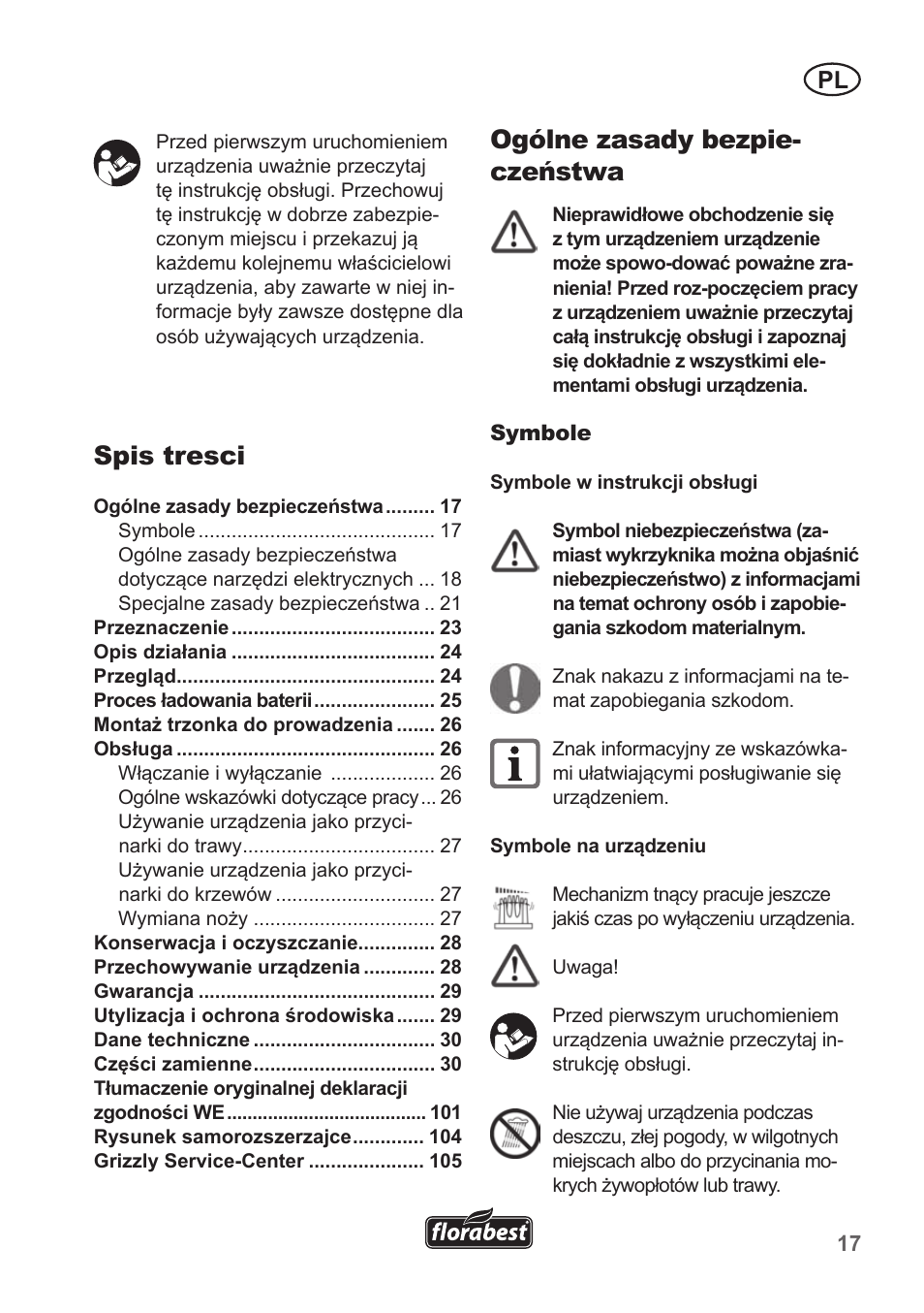 Ogólne zasady bezpie- czeństwa, Spis tresci | Florabest FGS 10 A1 User Manual | Page 17 / 106