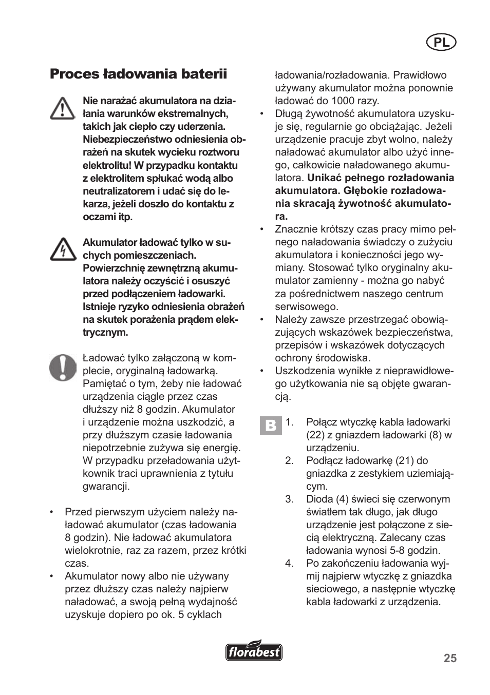 Proces ładowania baterii | Florabest FGS 10 A1 User Manual | Page 25 / 106