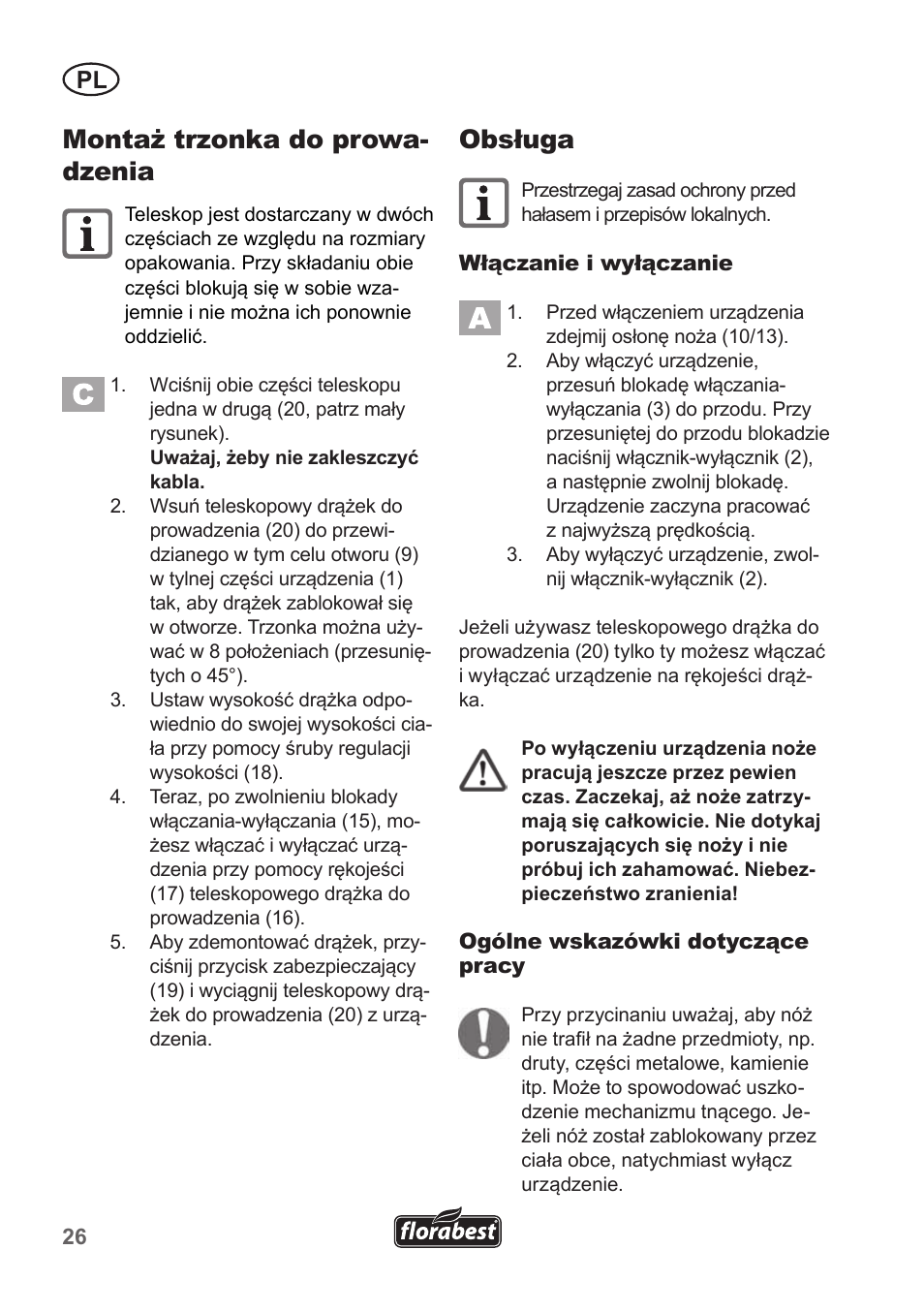 Montaż trzonka do prowa- dzenia, Obsługa | Florabest FGS 10 A1 User Manual | Page 26 / 106