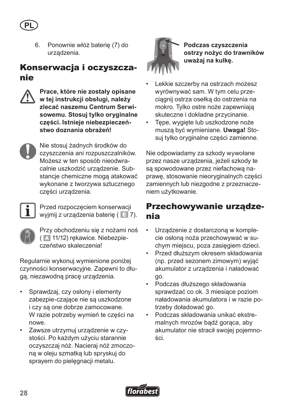 Konserwacja i oczyszcza- nie, Przechowywanie urządze- nia | Florabest FGS 10 A1 User Manual | Page 28 / 106