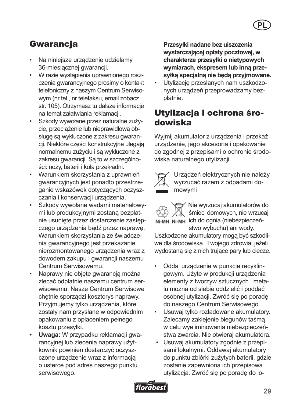 Gwarancja, Utylizacja i ochrona śro- dowiska | Florabest FGS 10 A1 User Manual | Page 29 / 106