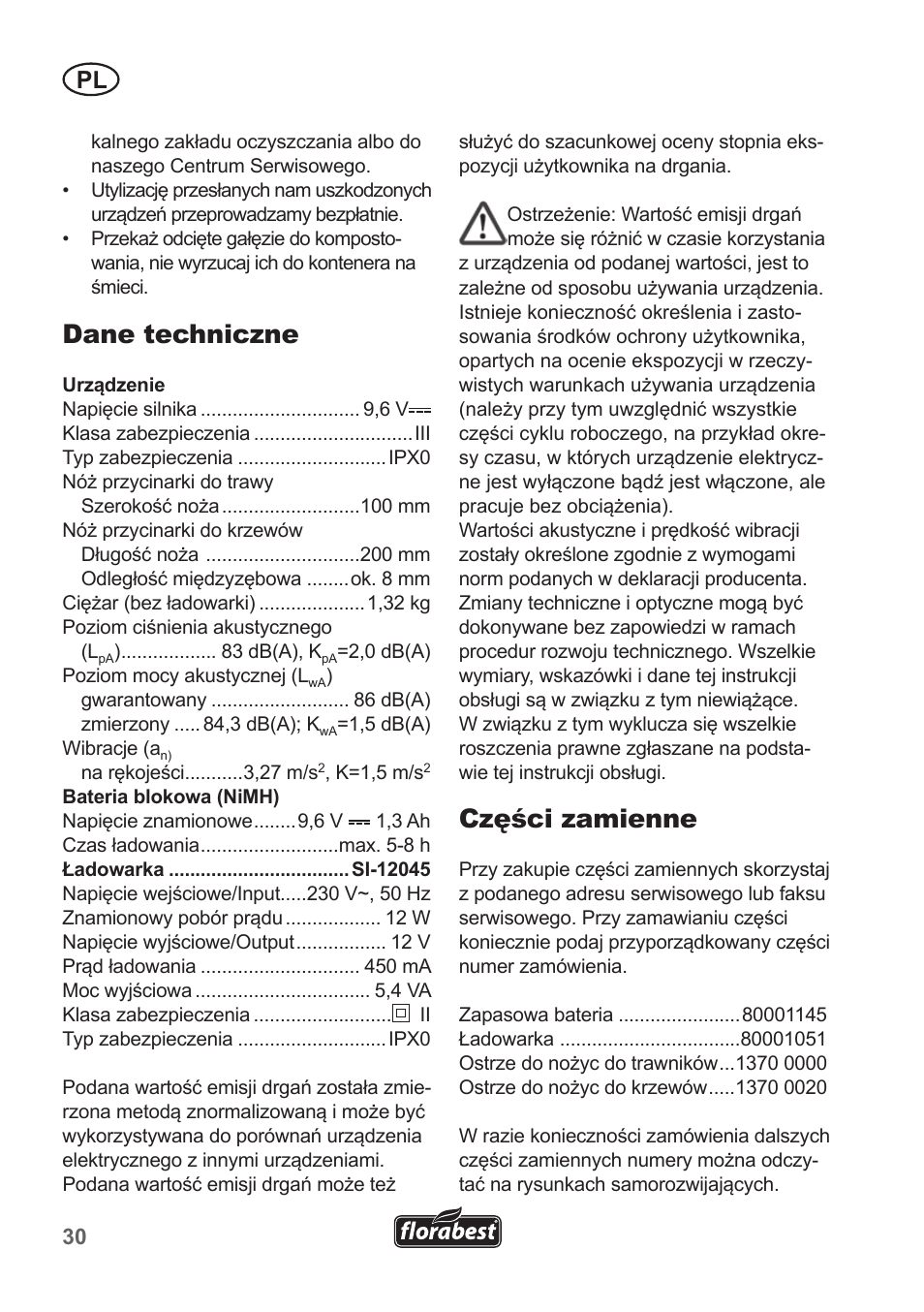 Dane techniczne, Części zamienne | Florabest FGS 10 A1 User Manual | Page 30 / 106