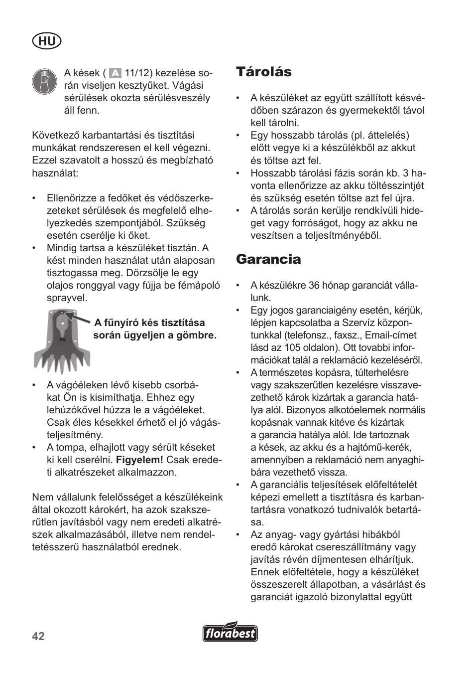 Tárolás, Garancia | Florabest FGS 10 A1 User Manual | Page 42 / 106
