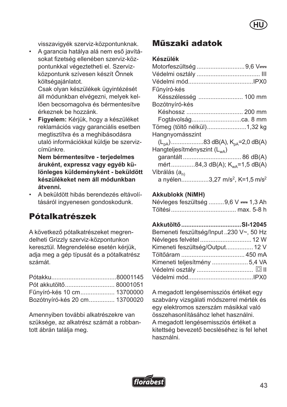 Pótalkatrészek, Műszaki adatok | Florabest FGS 10 A1 User Manual | Page 43 / 106