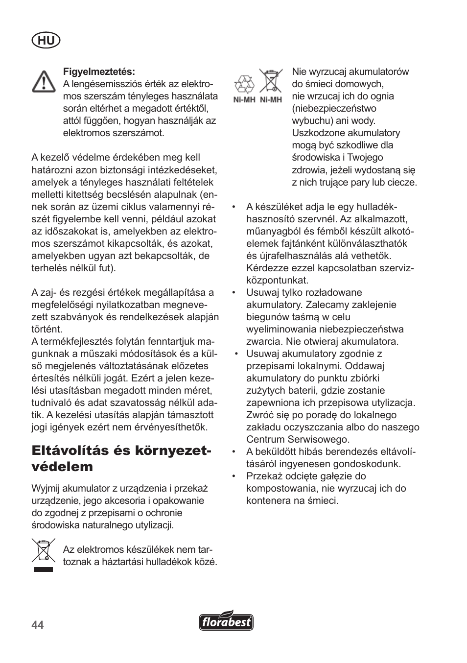 Eltávolítás és környezet- védelem | Florabest FGS 10 A1 User Manual | Page 44 / 106