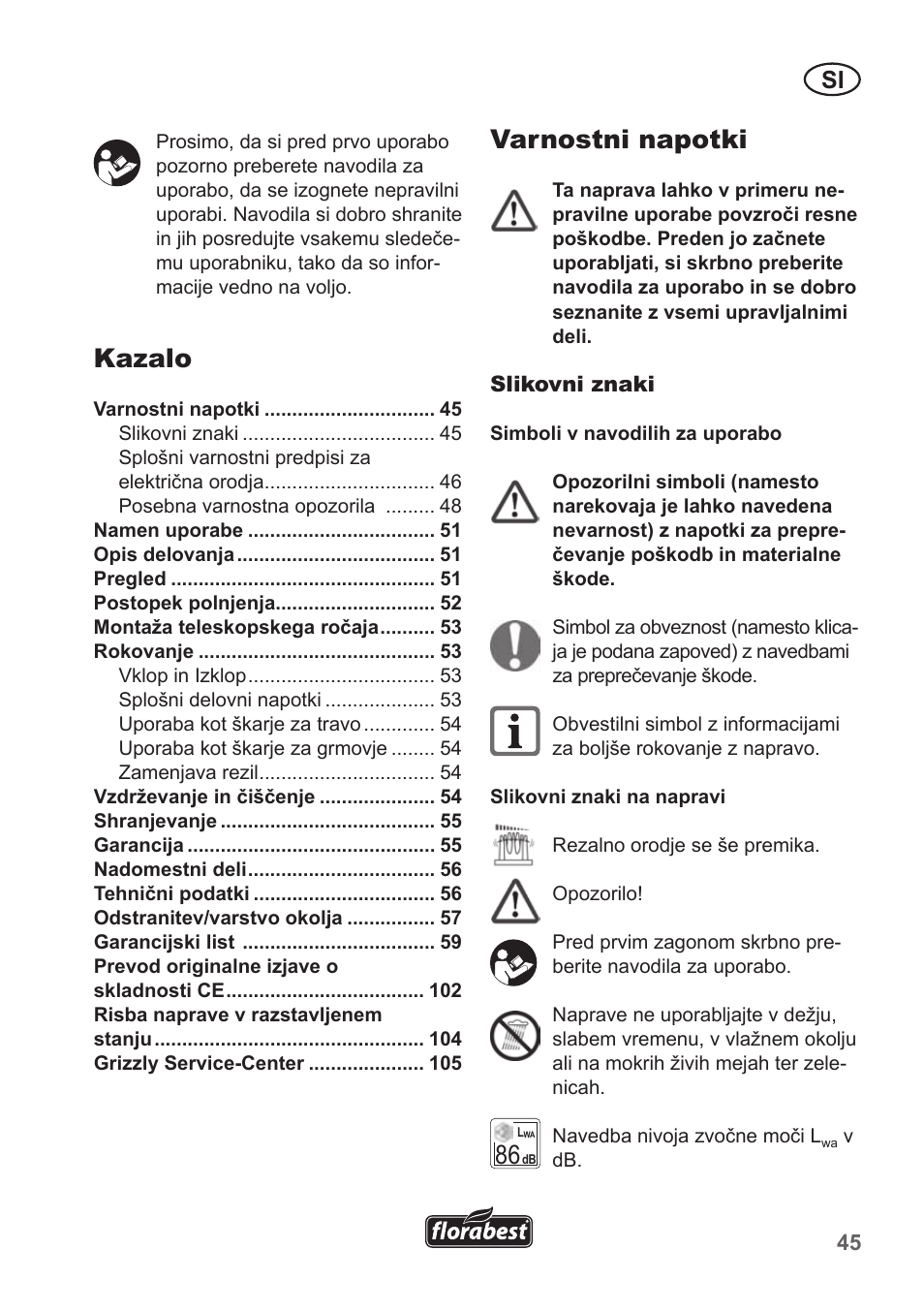 Varnostni napotki, Kazalo | Florabest FGS 10 A1 User Manual | Page 45 / 106