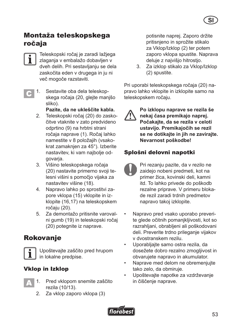 Montaža teleskopskega ročaja, Rokovanje | Florabest FGS 10 A1 User Manual | Page 53 / 106