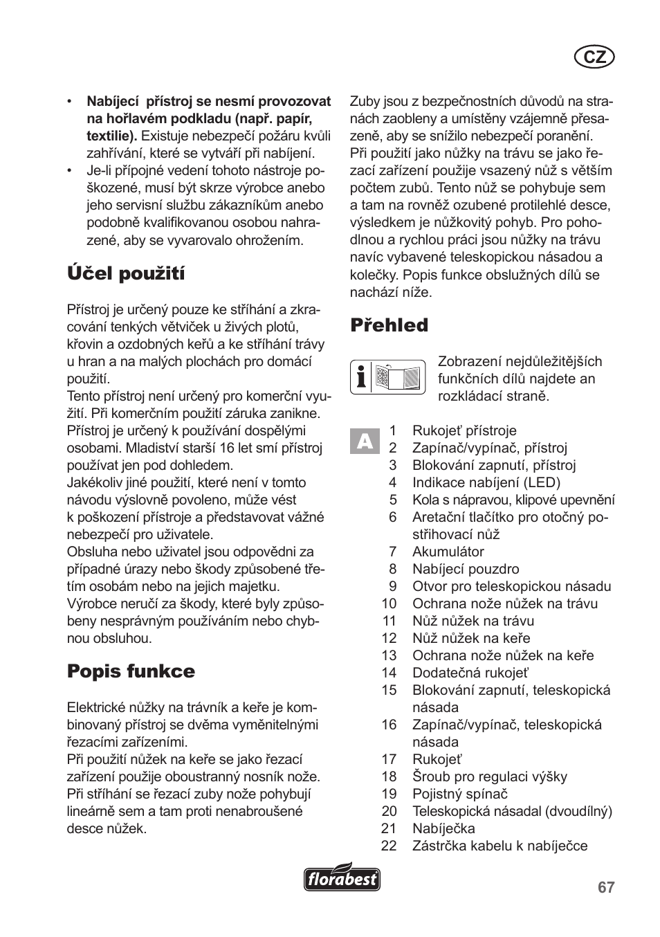Účel použití, Popis funkce, Přehled | Florabest FGS 10 A1 User Manual | Page 67 / 106
