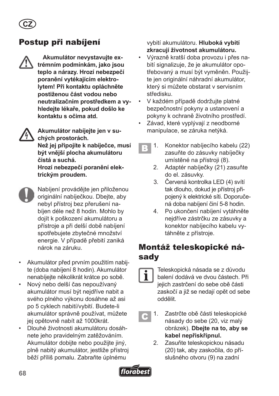 Postup při nabíjení, Montáž teleskopické ná- sady | Florabest FGS 10 A1 User Manual | Page 68 / 106