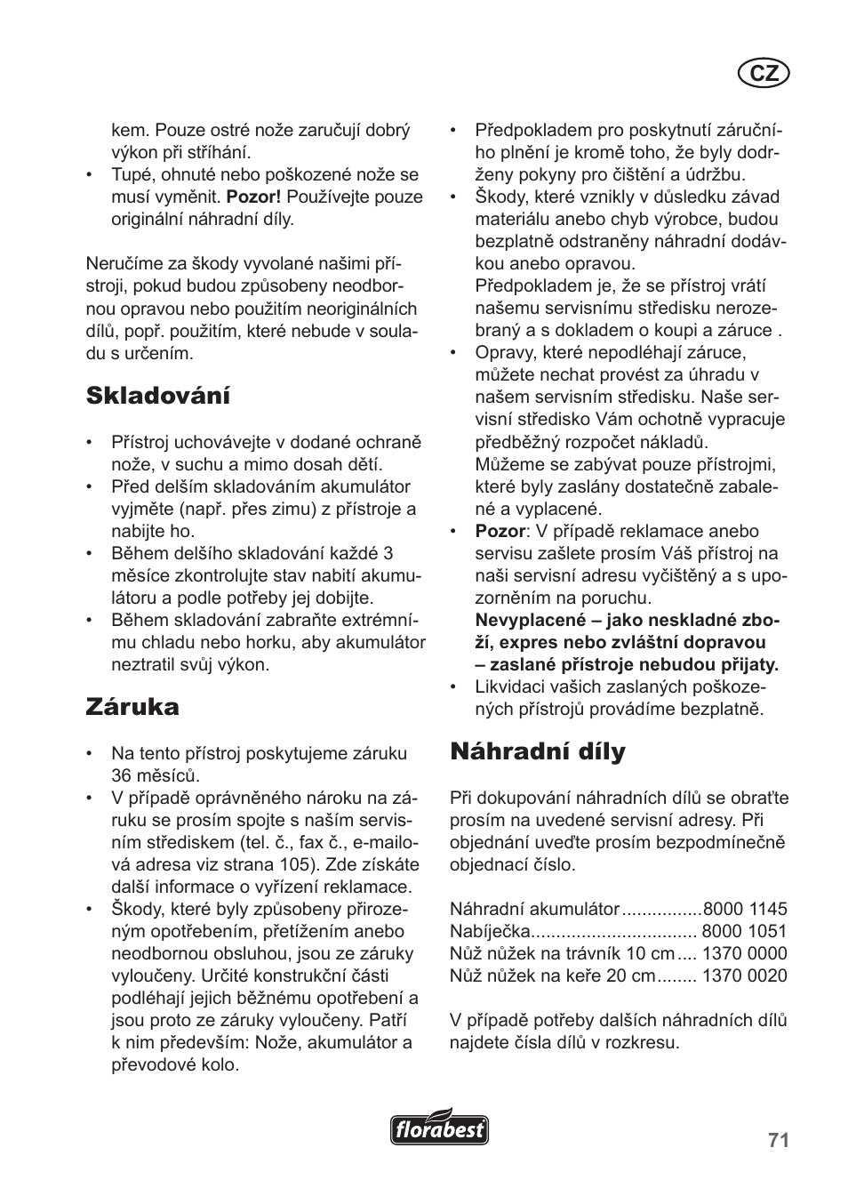 Skladování, Záruka, Náhradní díly | Florabest FGS 10 A1 User Manual | Page 71 / 106