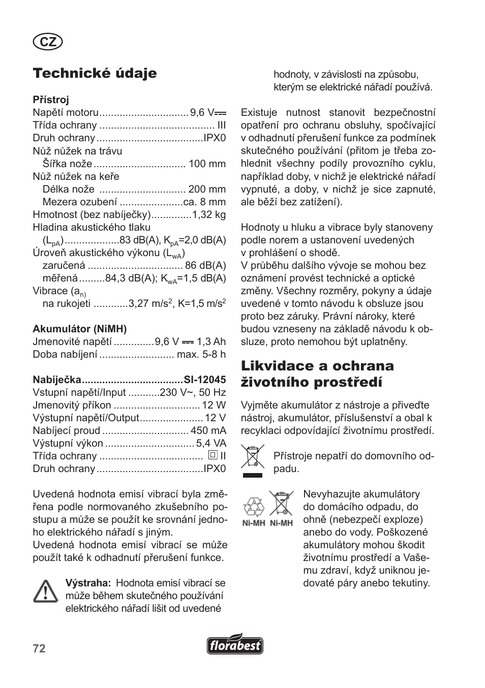 Technické údaje, Likvidace a ochrana životního prostředí | Florabest FGS 10 A1 User Manual | Page 72 / 106