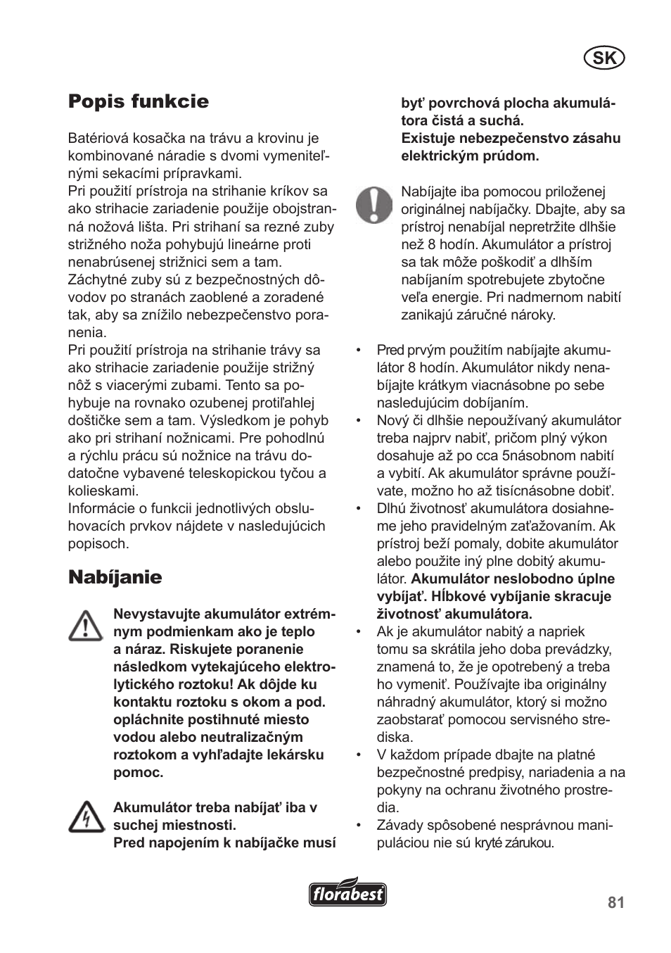 Popis funkcie, Nabíjanie | Florabest FGS 10 A1 User Manual | Page 81 / 106
