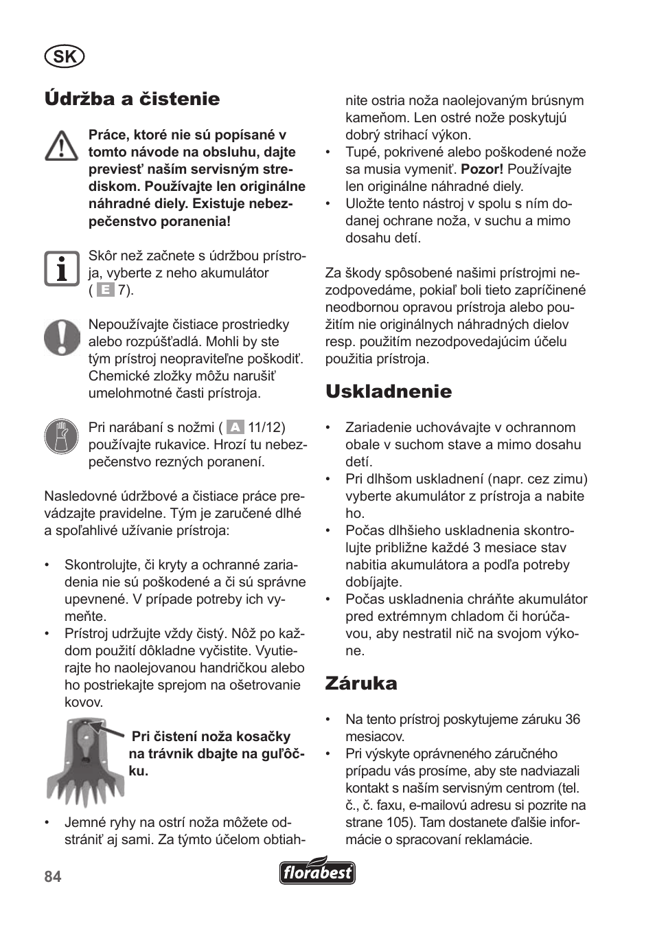 Údržba a čistenie, Uskladnenie, Záruka | Florabest FGS 10 A1 User Manual | Page 84 / 106