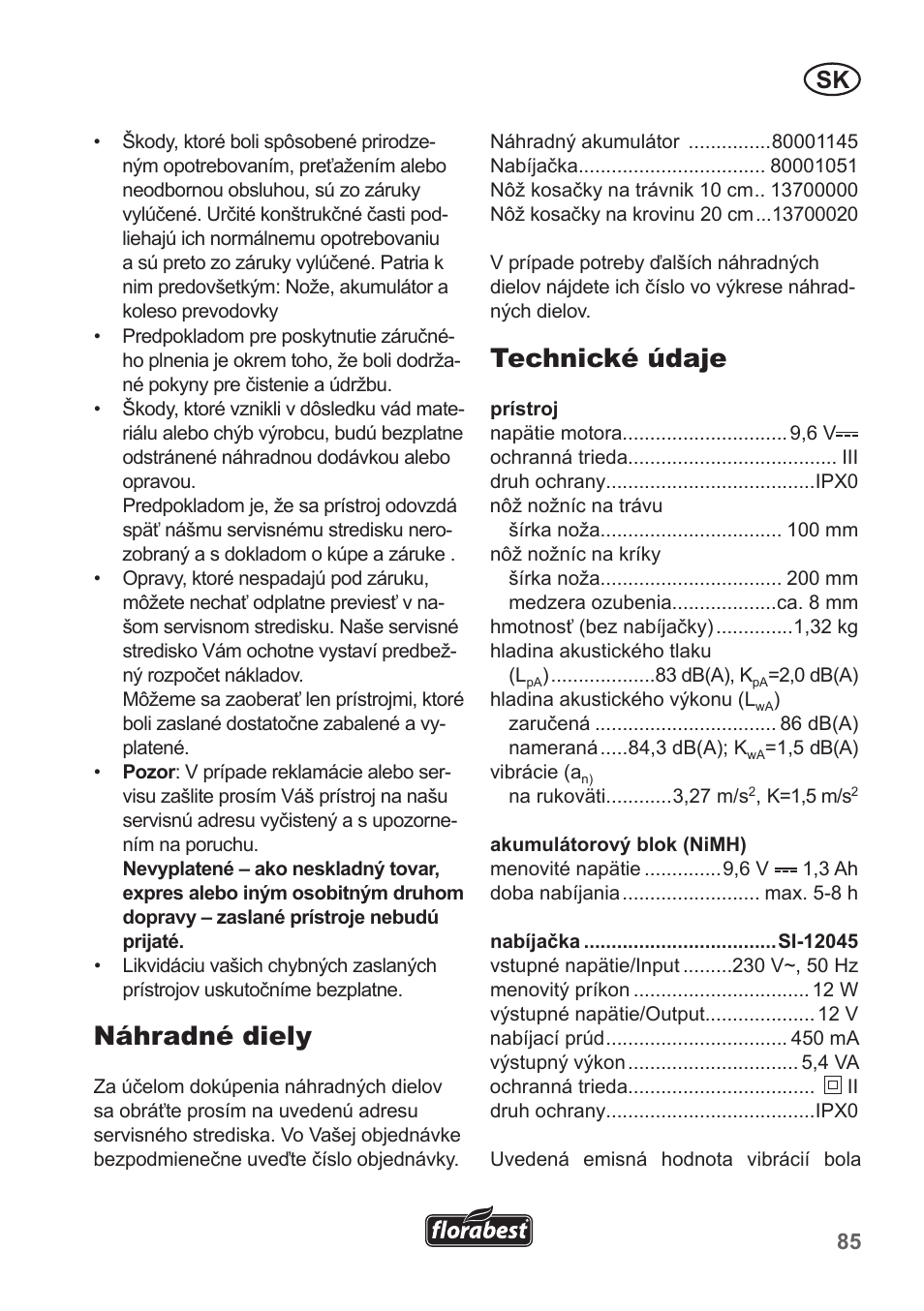 Náhradné diely, Technické údaje | Florabest FGS 10 A1 User Manual | Page 85 / 106