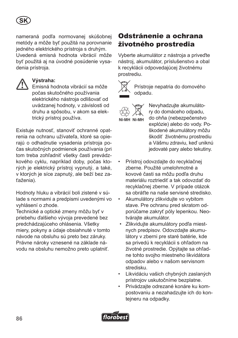 Odstránenie a ochrana životného prostredia | Florabest FGS 10 A1 User Manual | Page 86 / 106