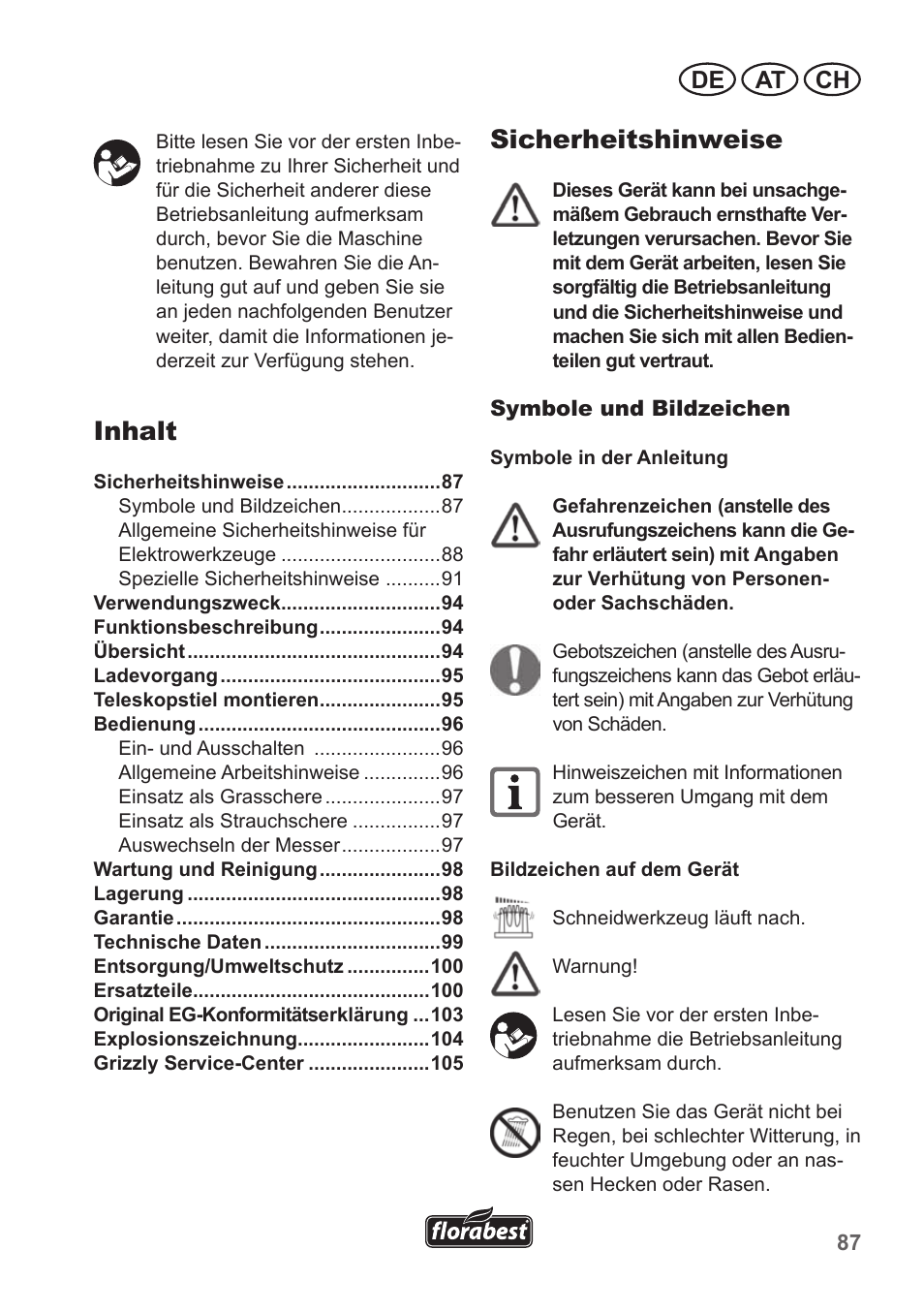 Sicherheitshinweise, Inhalt, De at ch | Florabest FGS 10 A1 User Manual | Page 87 / 106