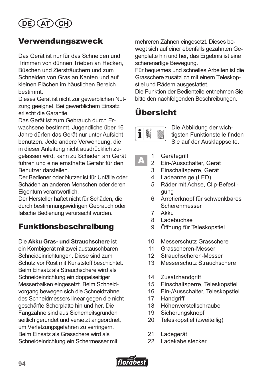 Verwendungszweck, Funktionsbeschreibung, Übersicht | De at ch | Florabest FGS 10 A1 User Manual | Page 94 / 106