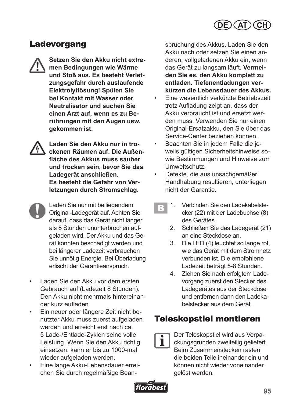 Ladevorgang, Teleskopstiel montieren, De at ch | Florabest FGS 10 A1 User Manual | Page 95 / 106