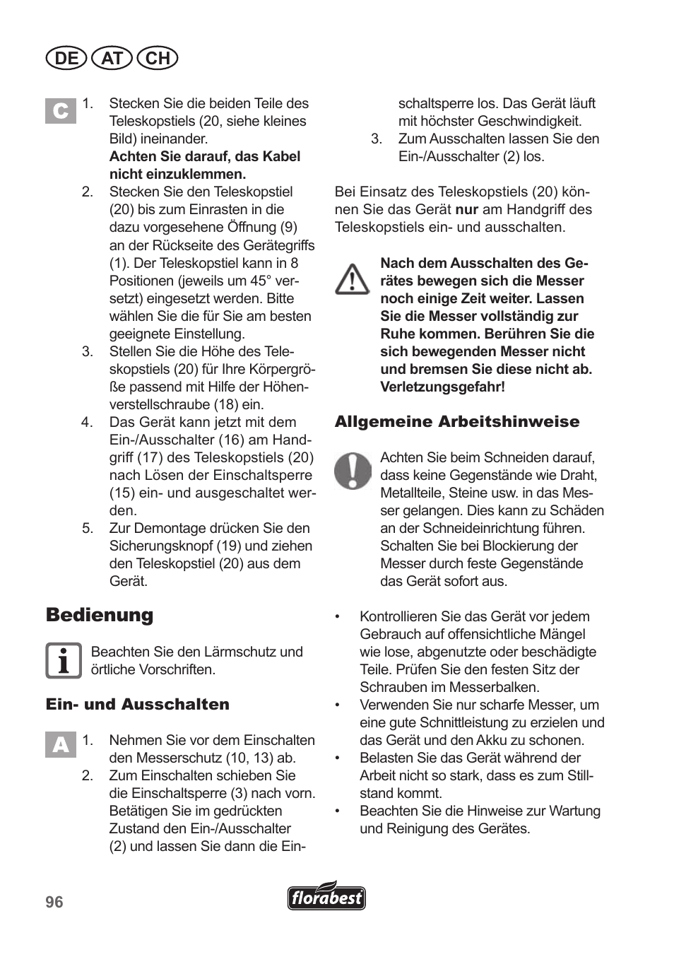 Bedienung, De at ch | Florabest FGS 10 A1 User Manual | Page 96 / 106
