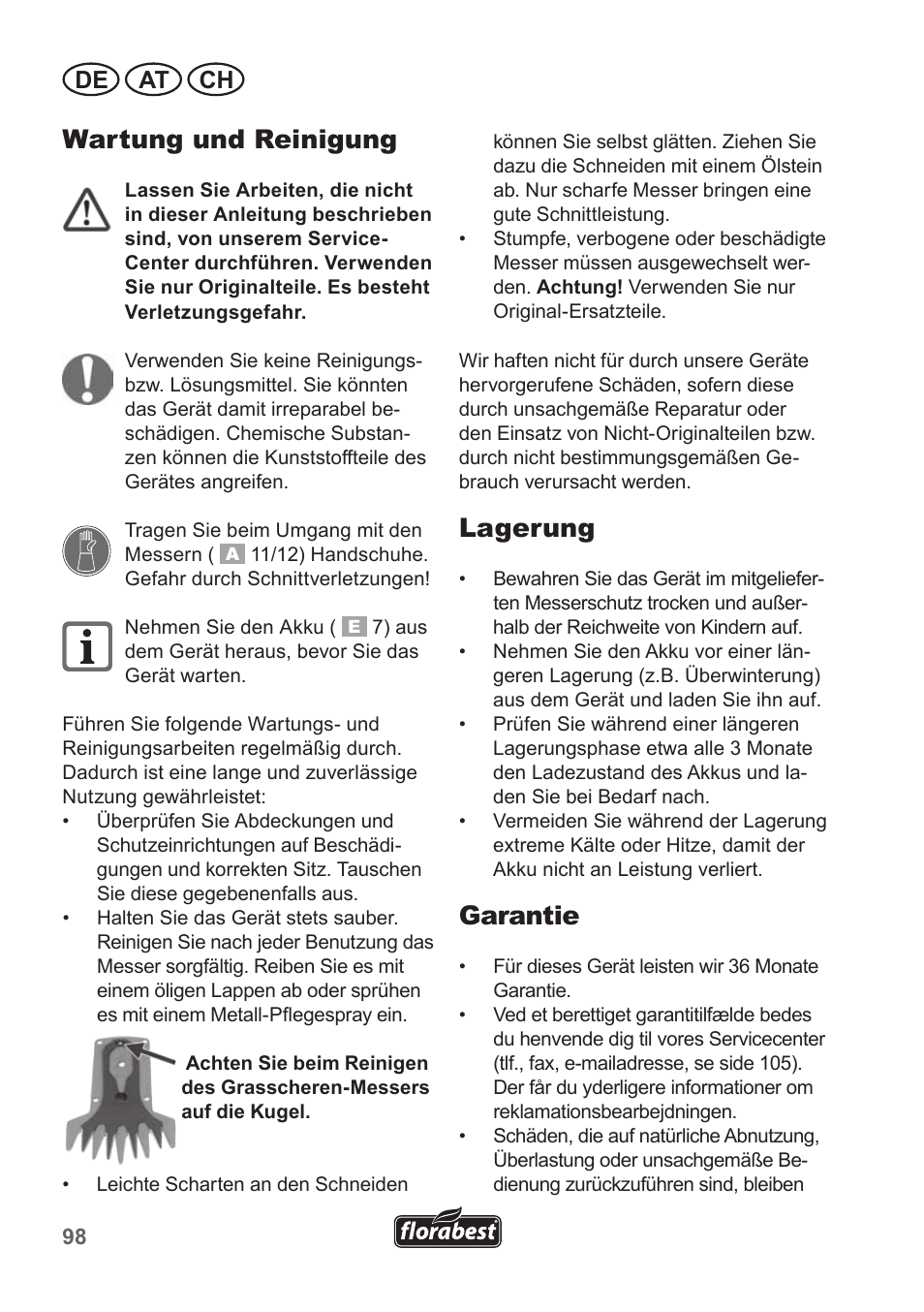 Wartung und reinigung, Lagerung, Garantie | De at ch | Florabest FGS 10 A1 User Manual | Page 98 / 106