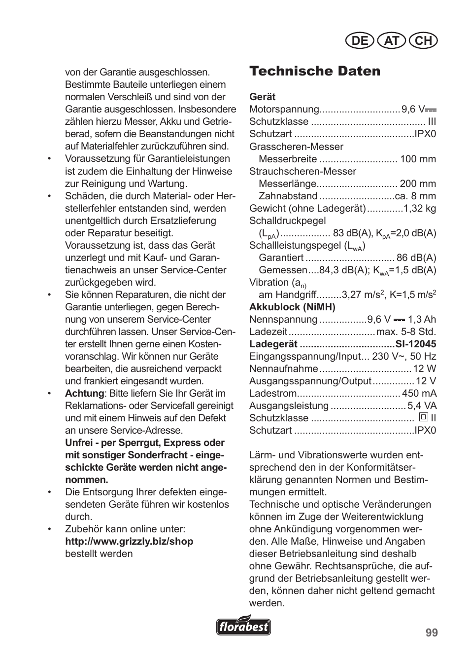 Technische daten, De at ch | Florabest FGS 10 A1 User Manual | Page 99 / 106