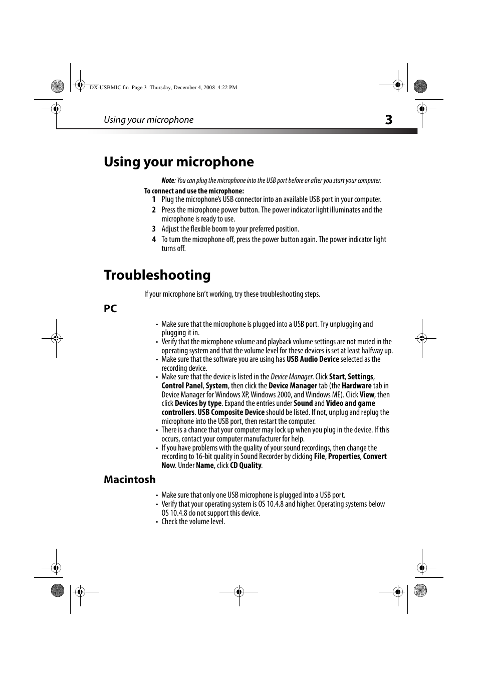 3using your microphone, Troubleshooting, Macintosh | Dynex DX-USBMIC User Manual | Page 3 / 8