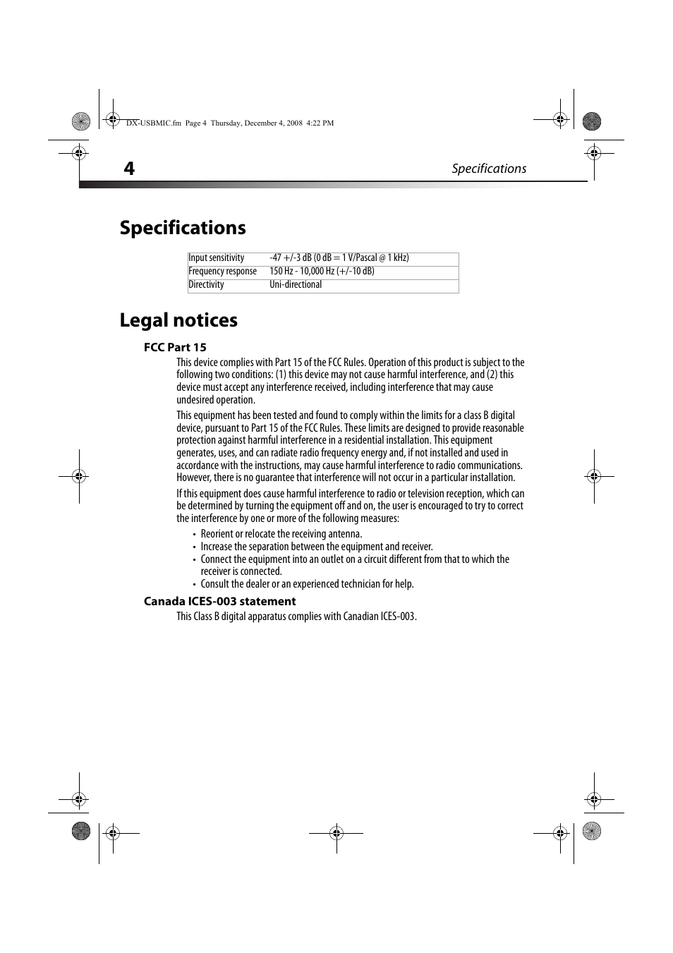 Specifications legal notices | Dynex DX-USBMIC User Manual | Page 4 / 8