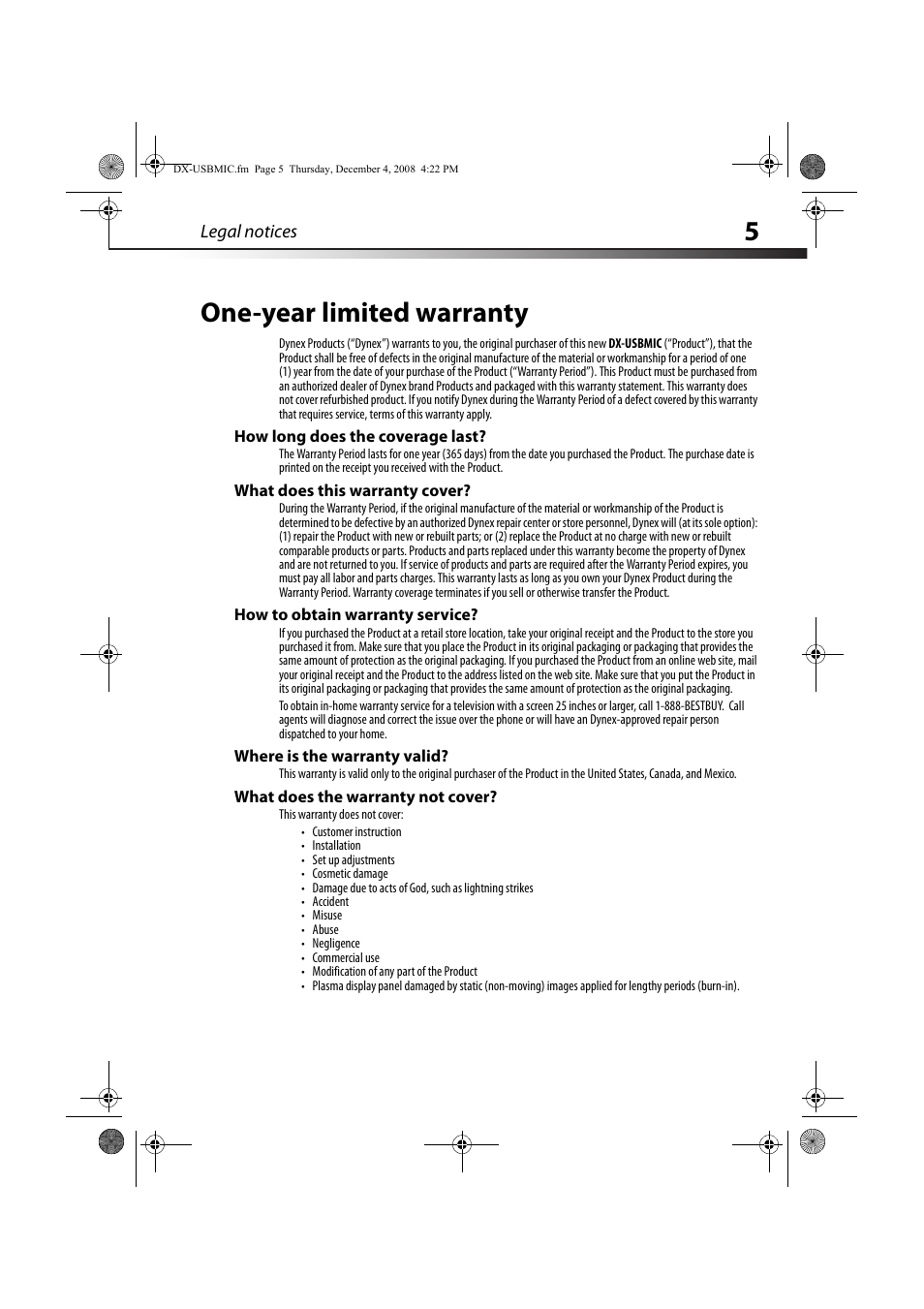 5one-year limited warranty | Dynex DX-USBMIC User Manual | Page 5 / 8