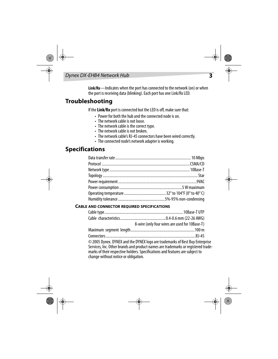 Troubleshooting, Specifications | Dynex DX-EHB4 User Manual | Page 3 / 8