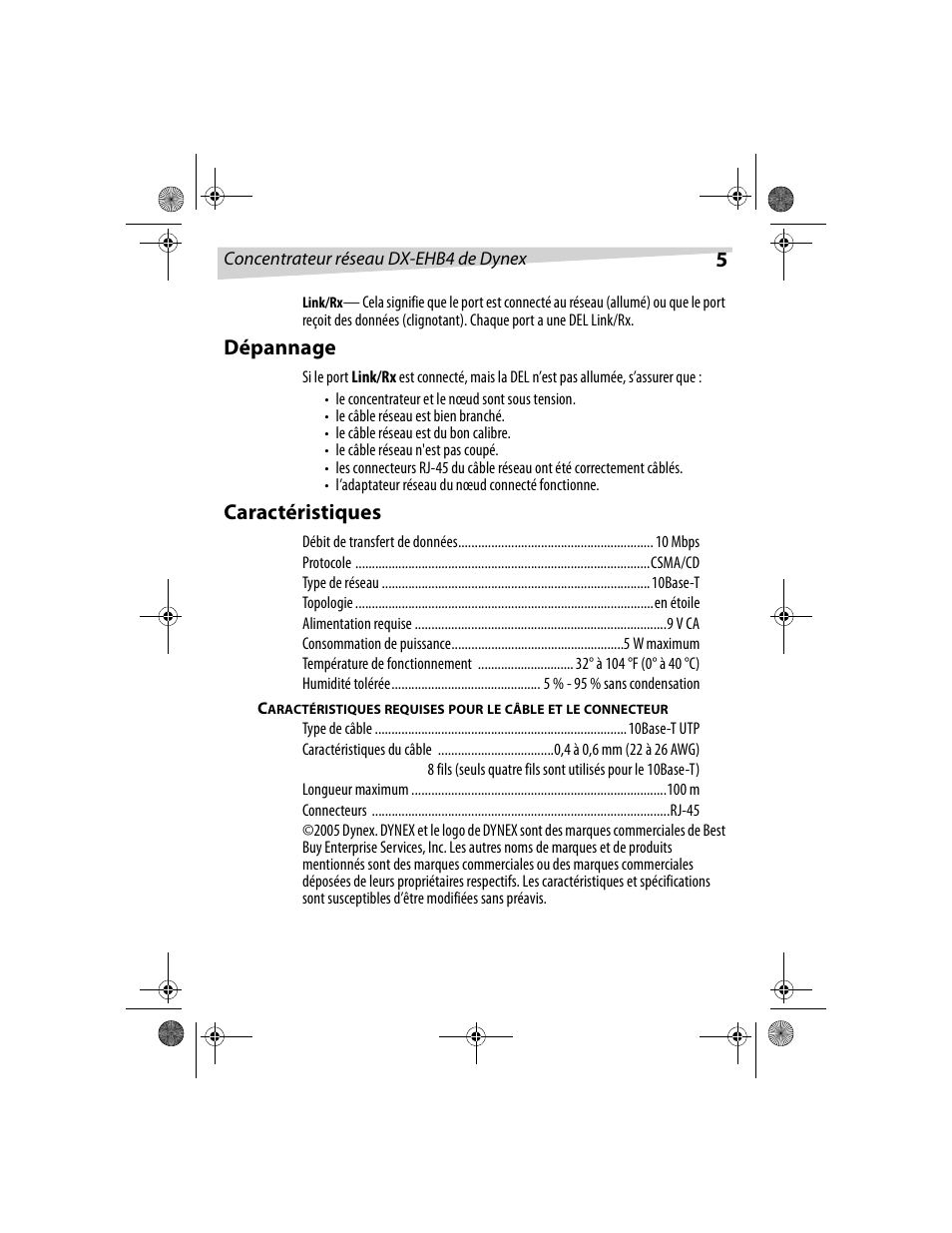 Dépannage, Caractéristiques | Dynex DX-EHB4 User Manual | Page 5 / 8