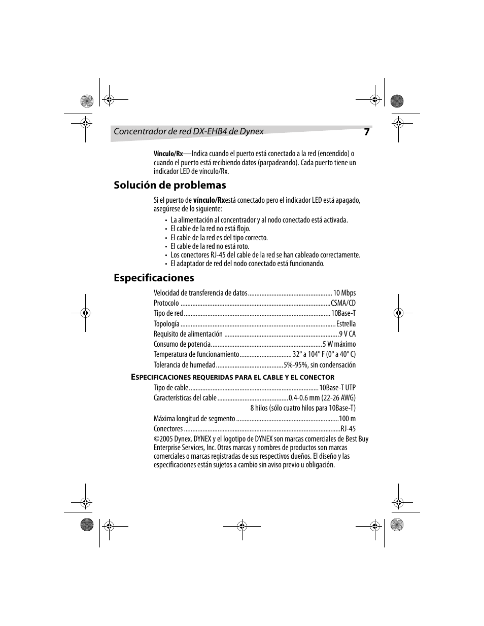 Solución de problemas, Especificaciones | Dynex DX-EHB4 User Manual | Page 7 / 8