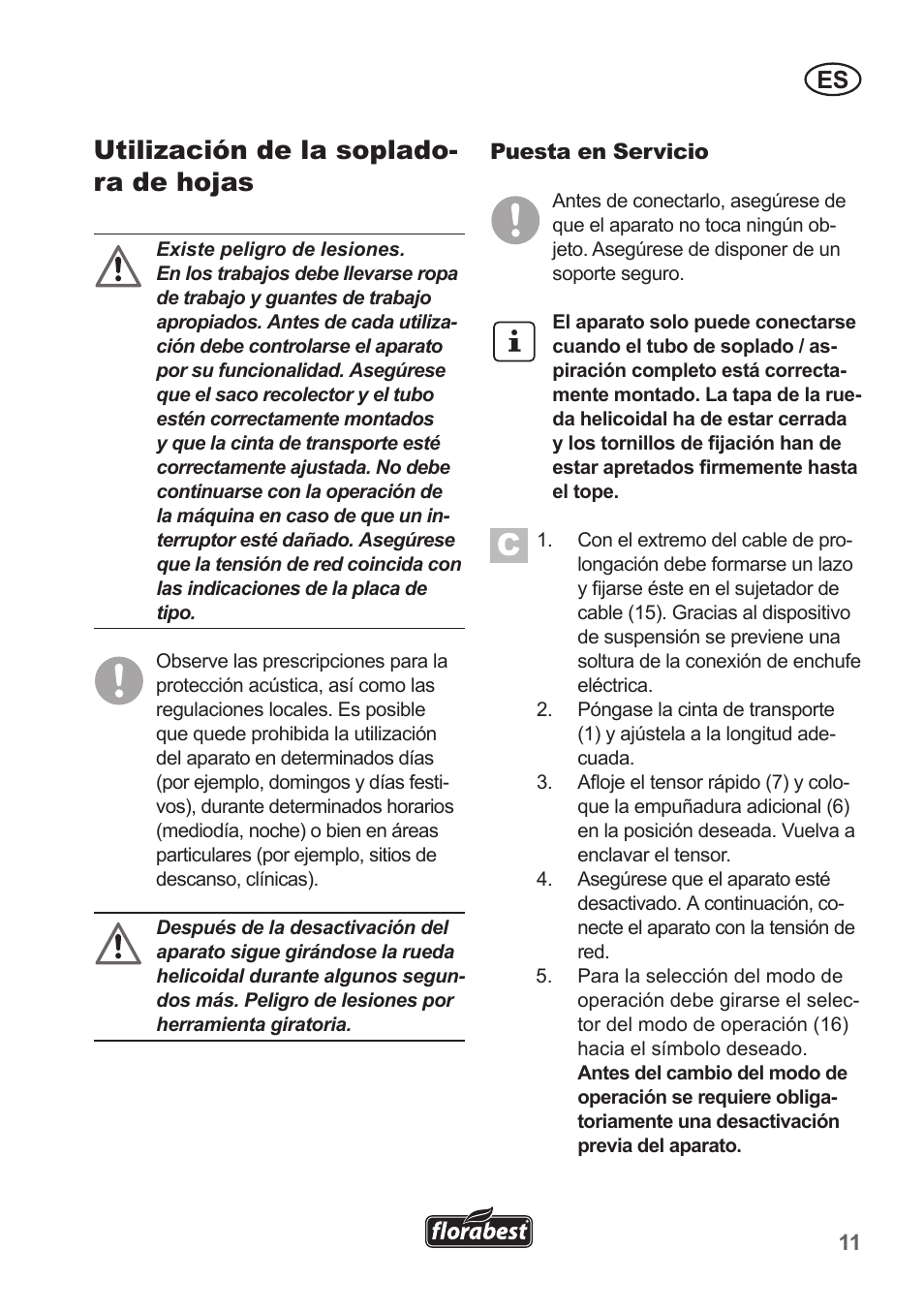 Utilización de la soplado- ra de hojas | Florabest FLB 2500 A2 User Manual | Page 11 / 79