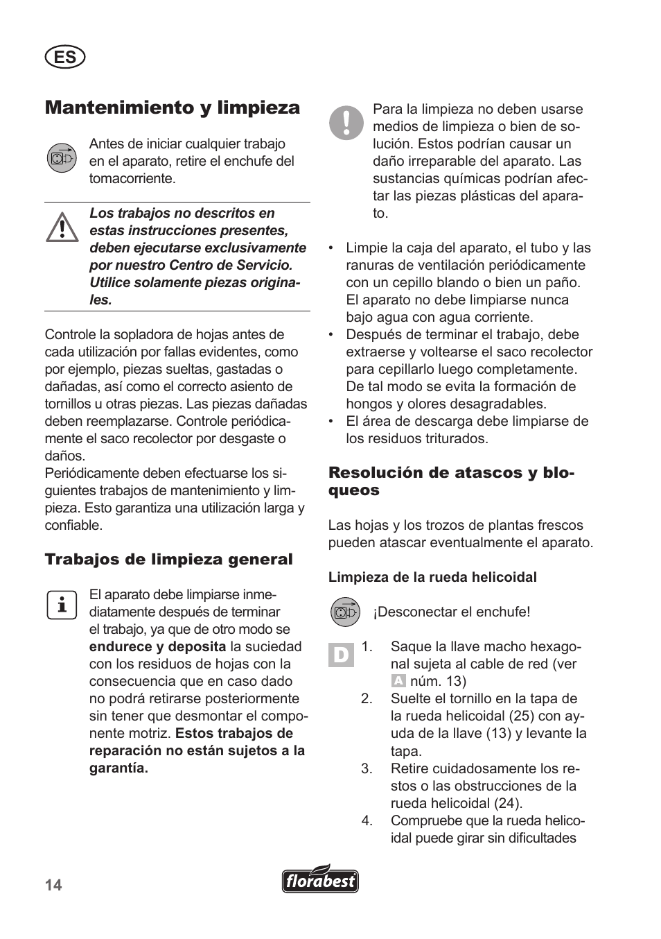 Mantenimiento y limpieza | Florabest FLB 2500 A2 User Manual | Page 14 / 79