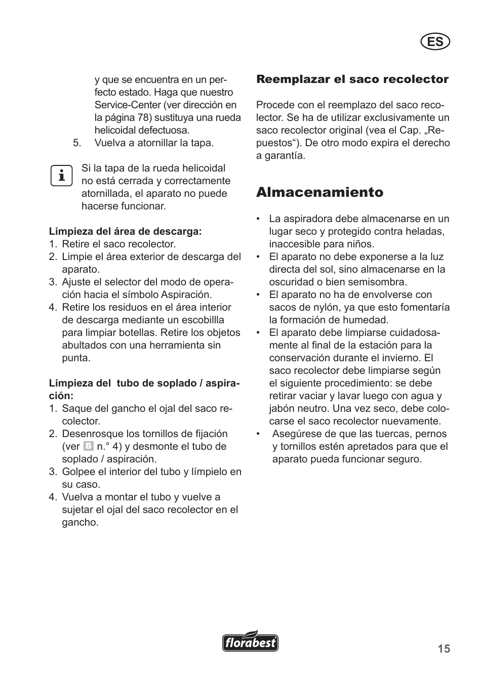 Almacenamiento | Florabest FLB 2500 A2 User Manual | Page 15 / 79