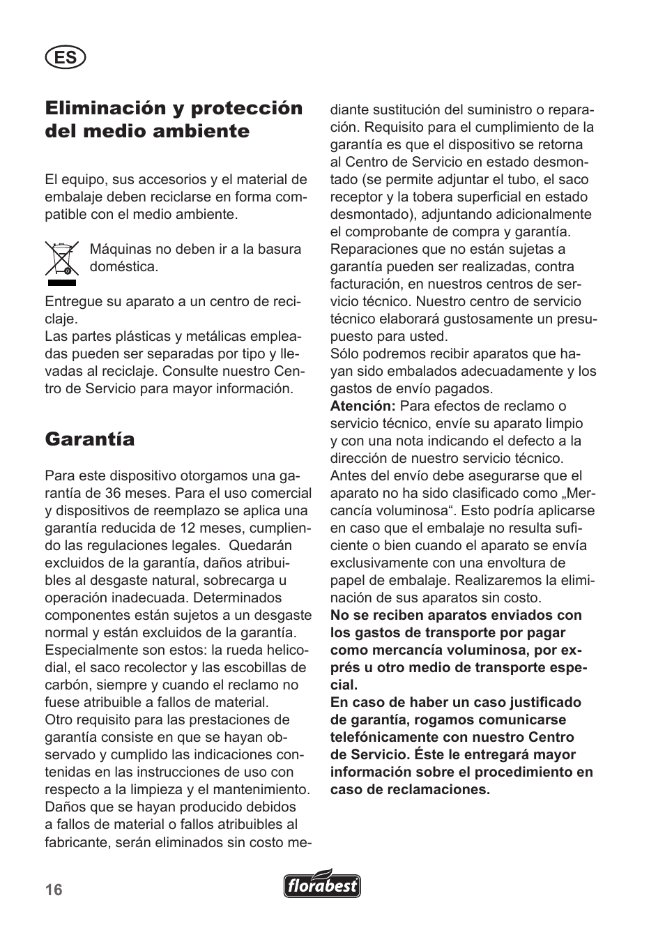 Eliminación y protección del medio ambiente, Garantía | Florabest FLB 2500 A2 User Manual | Page 16 / 79