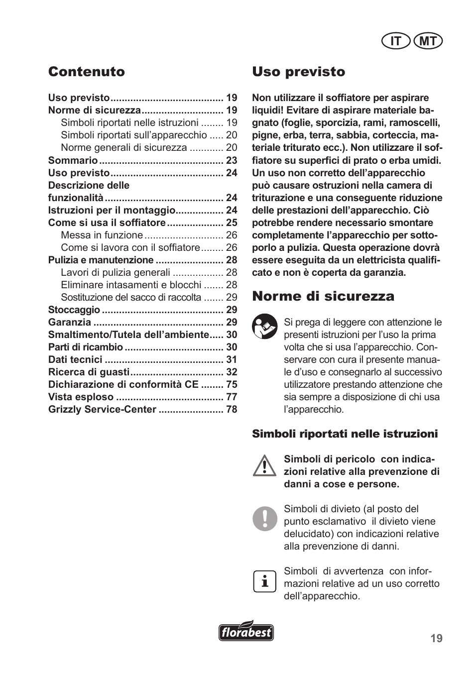 Uso previsto, Norme di sicurezza, Contenuto | It mt | Florabest FLB 2500 A2 User Manual | Page 19 / 79