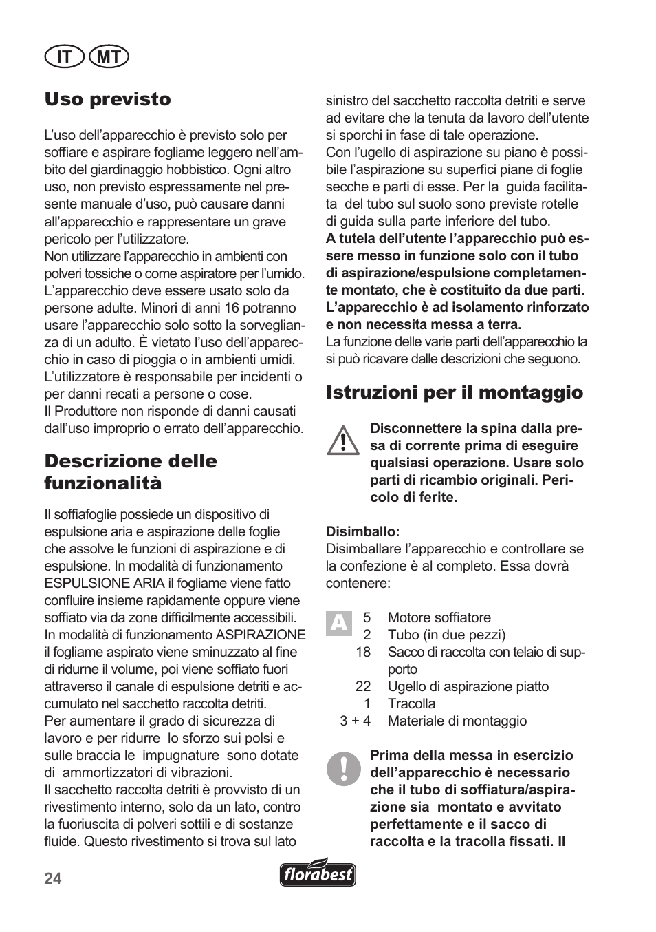 Uso previsto, Descrizione delle funzionalità, Istruzioni per il montaggio | It mt | Florabest FLB 2500 A2 User Manual | Page 24 / 79