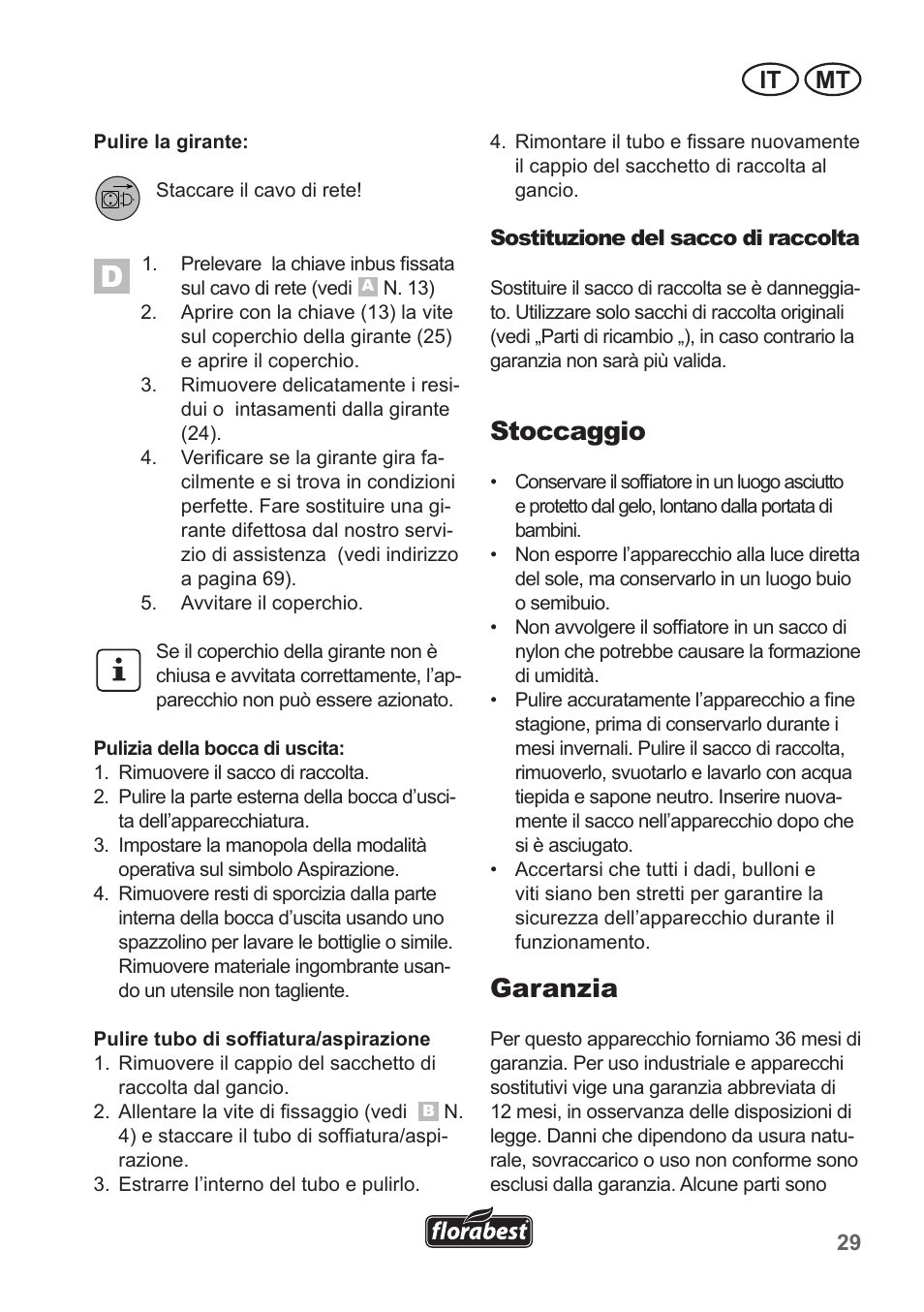 Stoccaggio, Garanzia, It mt | Florabest FLB 2500 A2 User Manual | Page 29 / 79