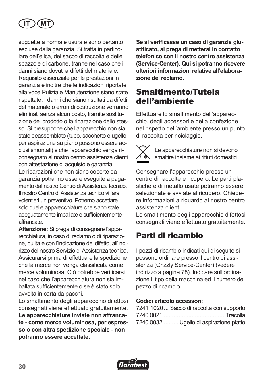 Smaltimento/tutela dell’ambiente, Parti di ricambio, It mt | Florabest FLB 2500 A2 User Manual | Page 30 / 79