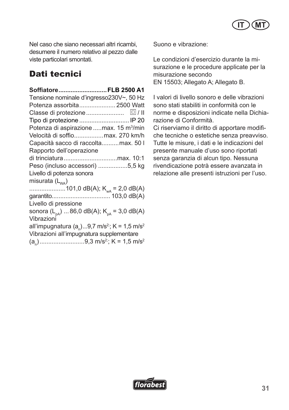 Dati tecnici, It mt | Florabest FLB 2500 A2 User Manual | Page 31 / 79