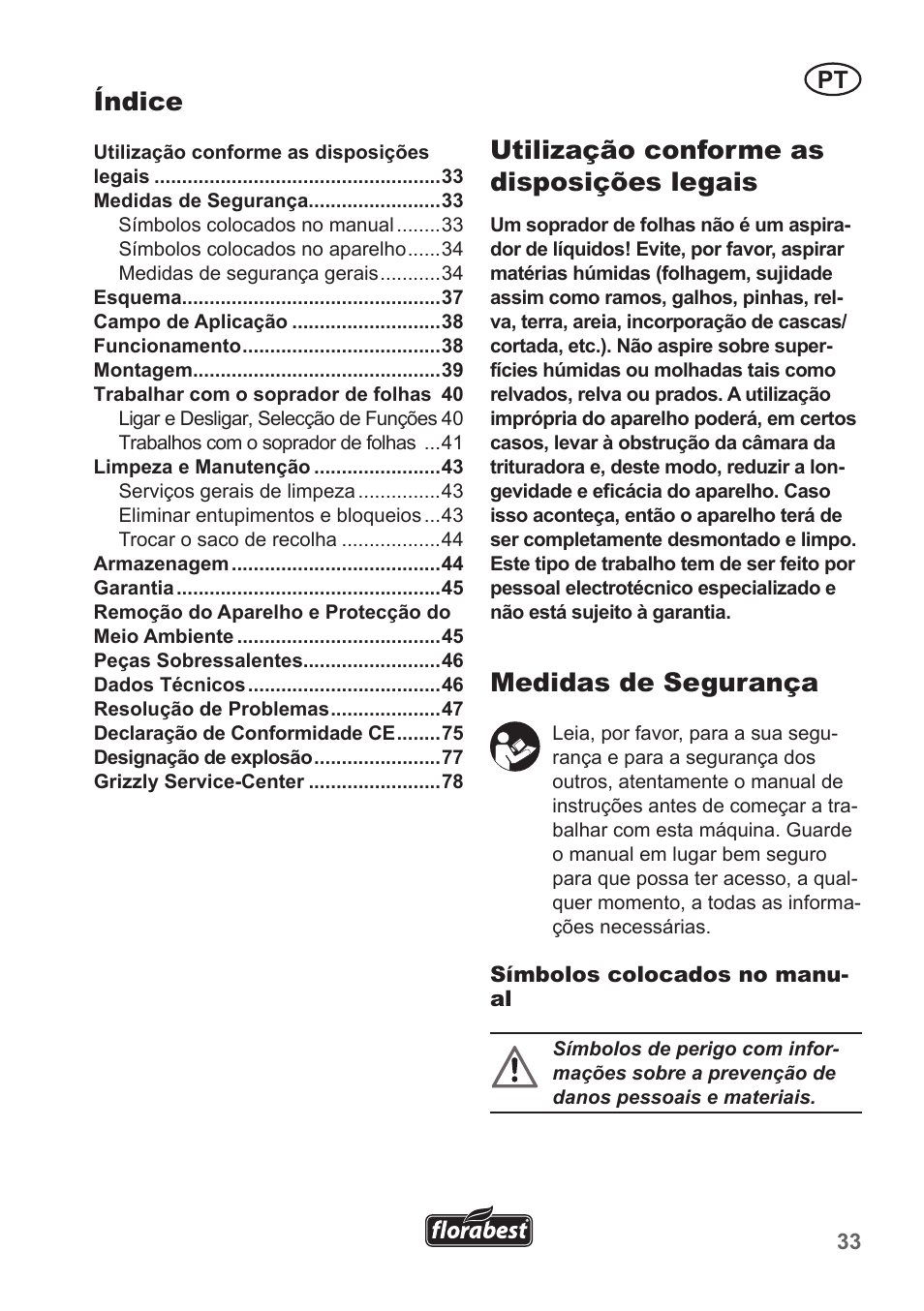 Índice, Utilização conforme as disposições legais, Medidas de segurança | Florabest FLB 2500 A2 User Manual | Page 33 / 79