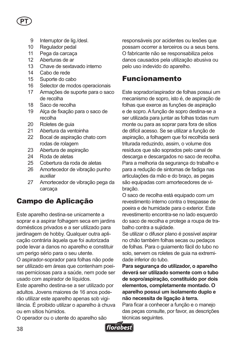 Campo de aplicação, Funcionamento | Florabest FLB 2500 A2 User Manual | Page 38 / 79