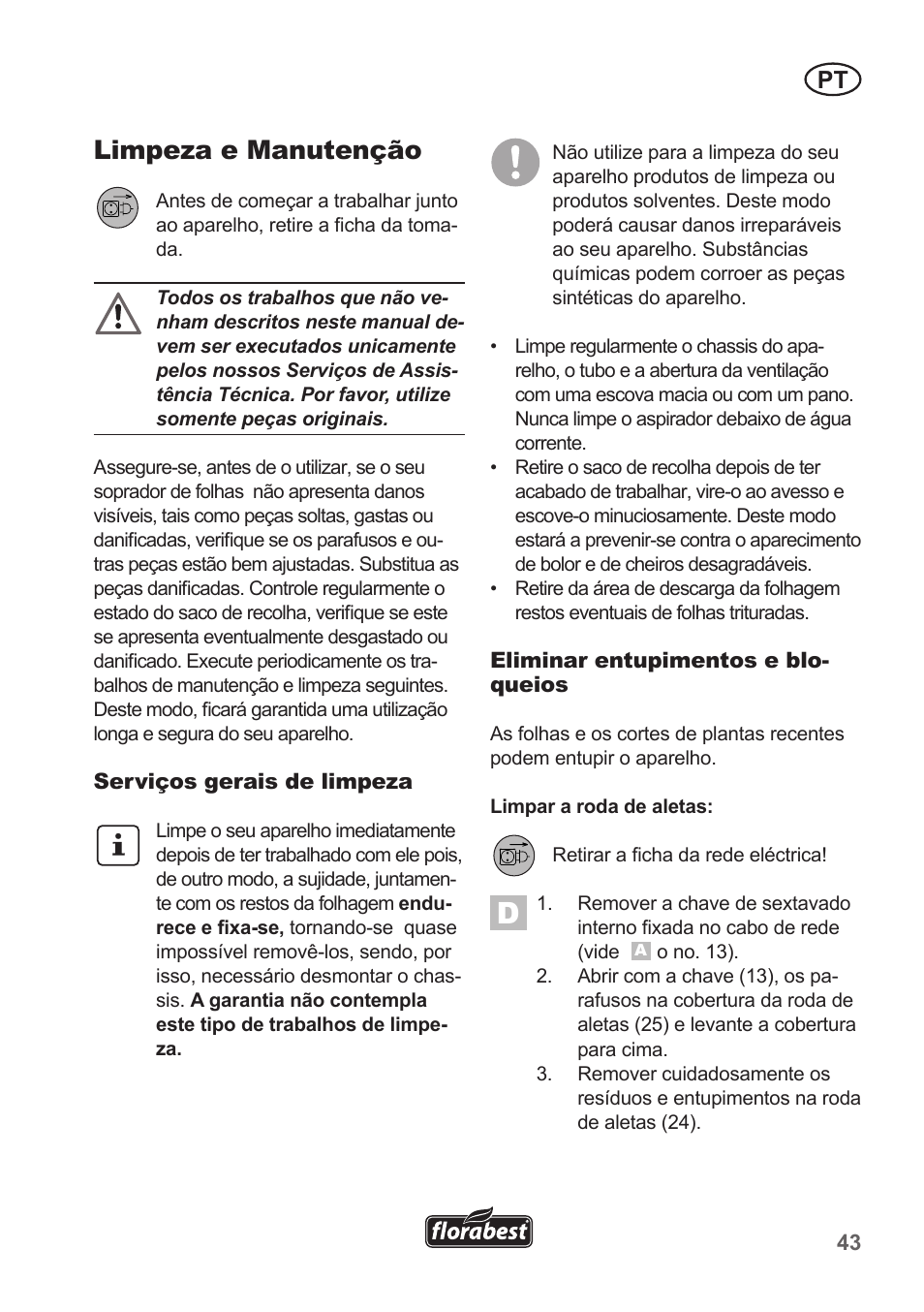 Limpeza e manutenção | Florabest FLB 2500 A2 User Manual | Page 43 / 79