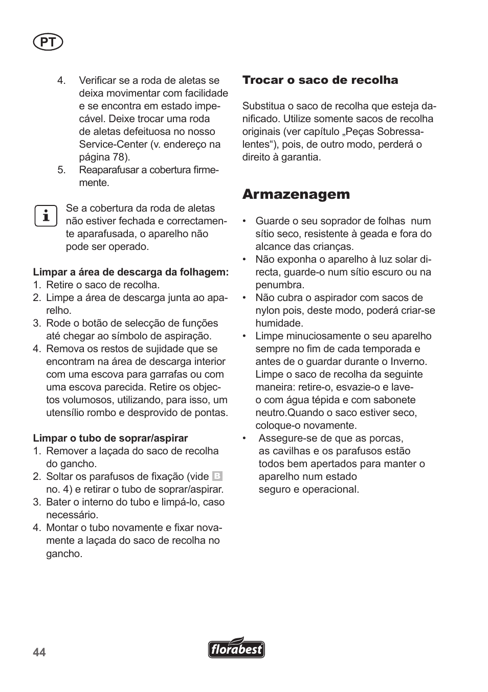 Armazenagem | Florabest FLB 2500 A2 User Manual | Page 44 / 79